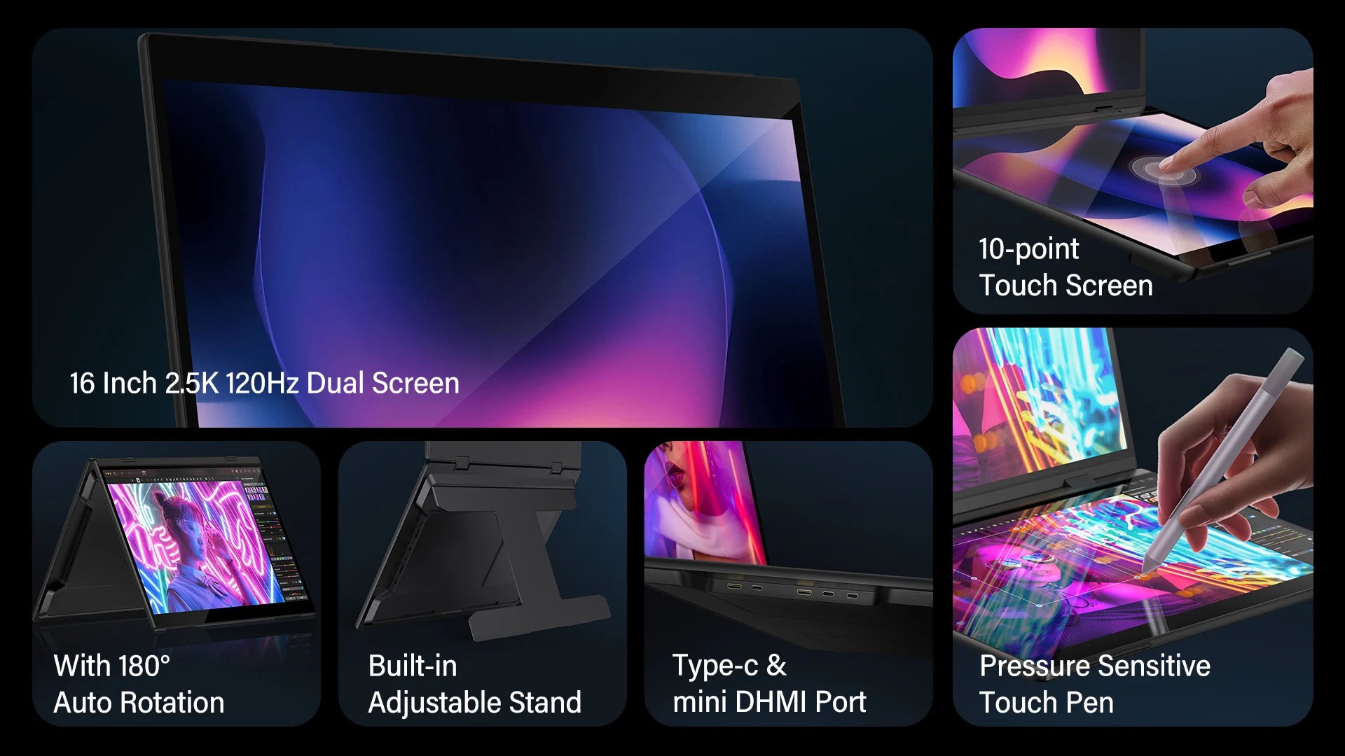 UPERFECT Delta Pro Touch 16" 2.5K 1600P Dual Touch Monitor with Touch Pen - Foldable Travel Display for Laptop, PC, Mac, and Windows via USB-C and HDMI - Limetastore