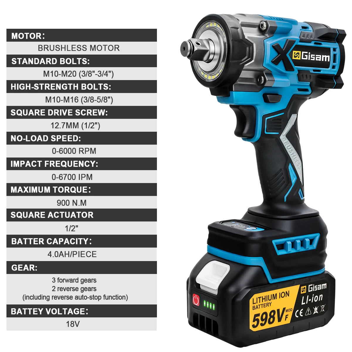 Gisam 900N.m Brushless Impact Wrench 1/2"