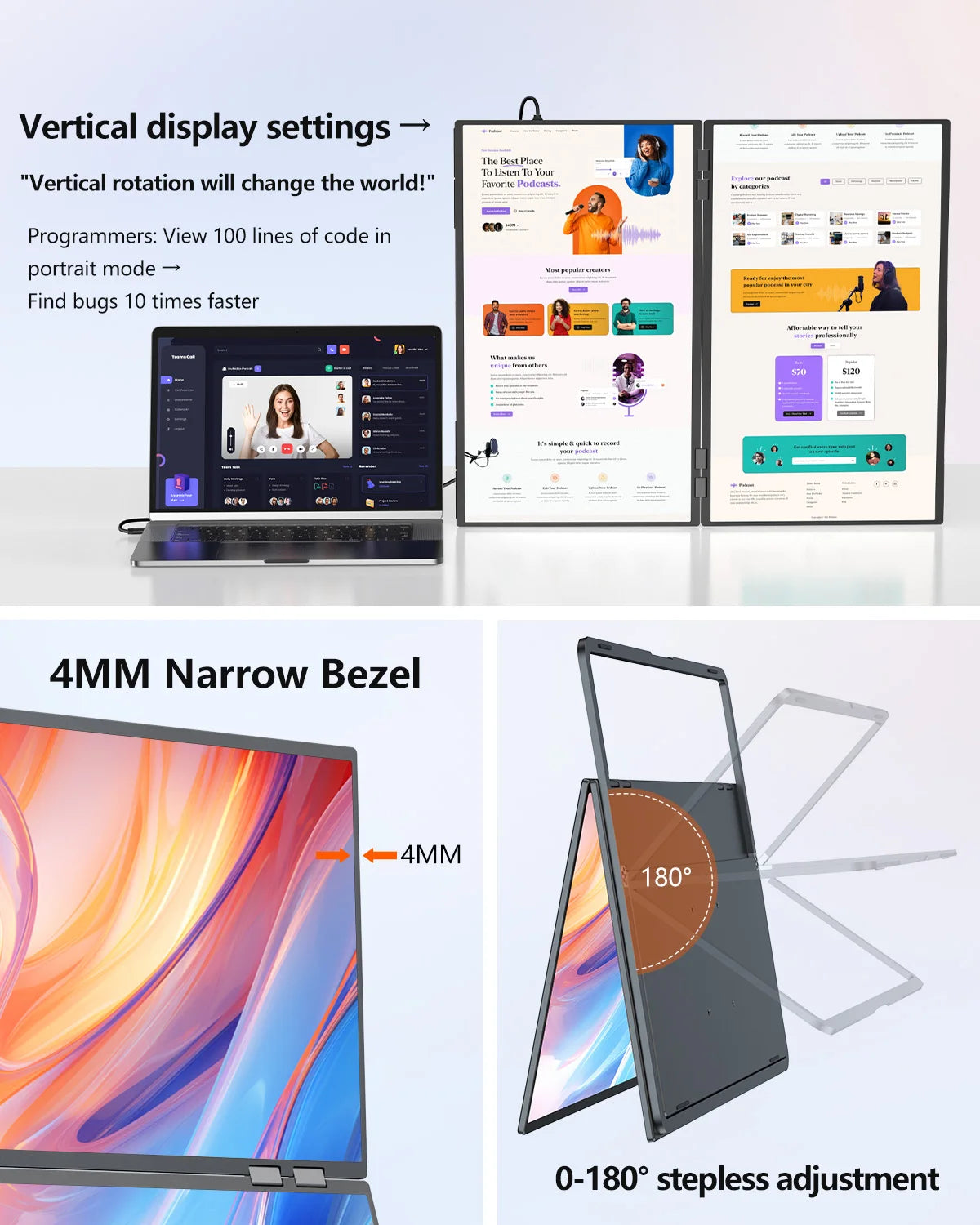 23.8" 100Hz Dual Screen Stacked Computer Monitor 1080P HDR 360° Folding Triple Portable Display for Laptop PC Phone Game Console - Limetastore