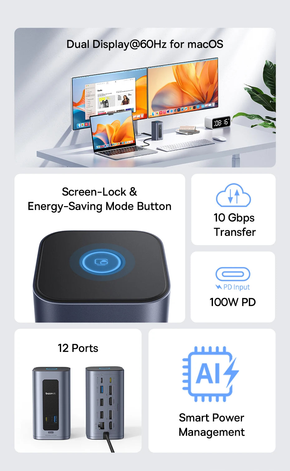 Baseus 12‑in‑1 USB‑C HUB | DisplayPort + HDMI 4K@60Hz MST, USB 3.2, RJ45, PD 100W Docking Station