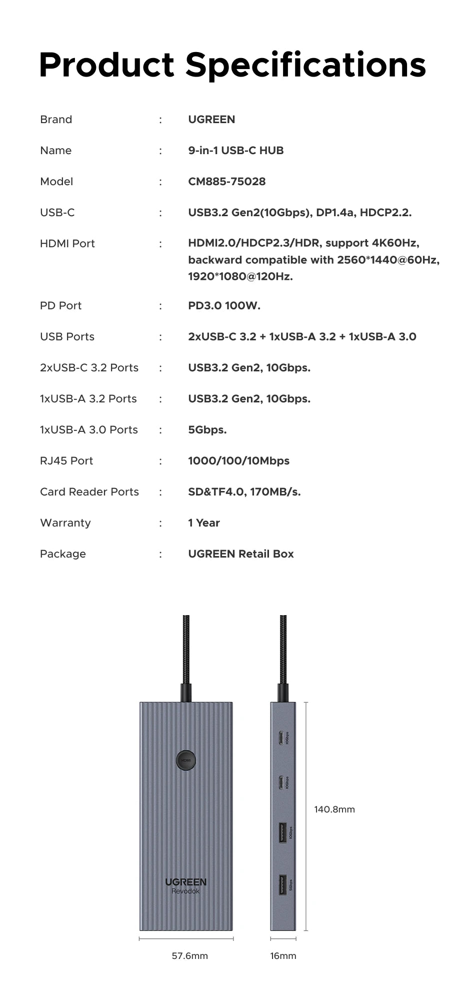 UGREEN 10Gbps USB‑C Hub with 4K60Hz HDMI, Gigabit RJ45, PD100W, SD/TF & USB‑A/C Ports