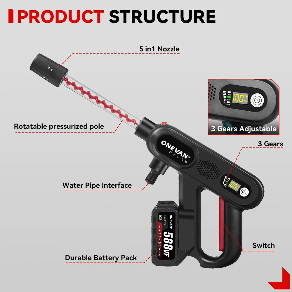 ONEVAN 220Bar Brushless High Pressure Car Washer Gun 5in1 3 Gear Spray Gun Garden Washing Power Tool For Makita 18V Battery Pin