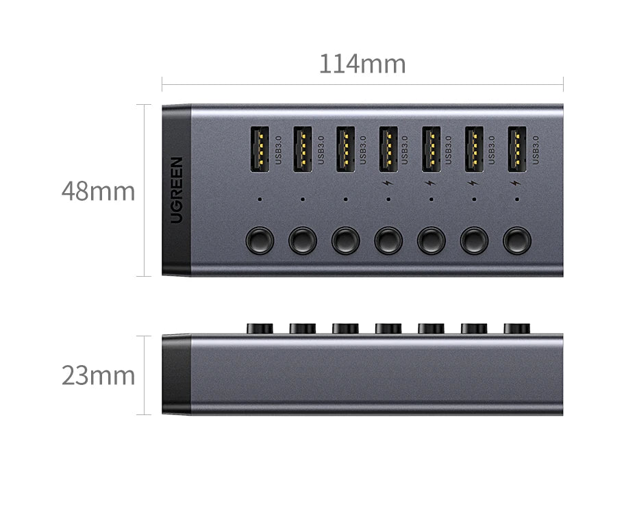 UGREEN 7‑Port USB 3.0 Hub with Individual Power Switches, 5Gbps High‑Speed Data