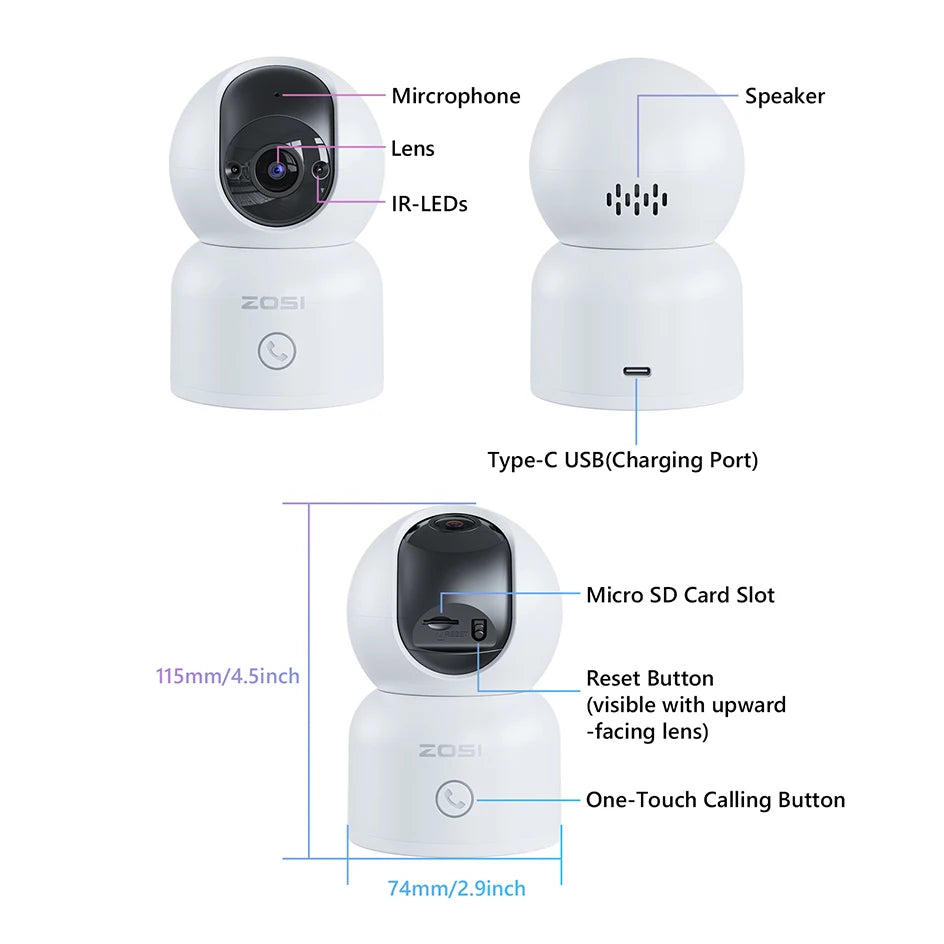 ZOSI Smart Baby Cam – WiFi PTZ Indoor Camera with AI Auto‑Tracking, 360° Panoramic View