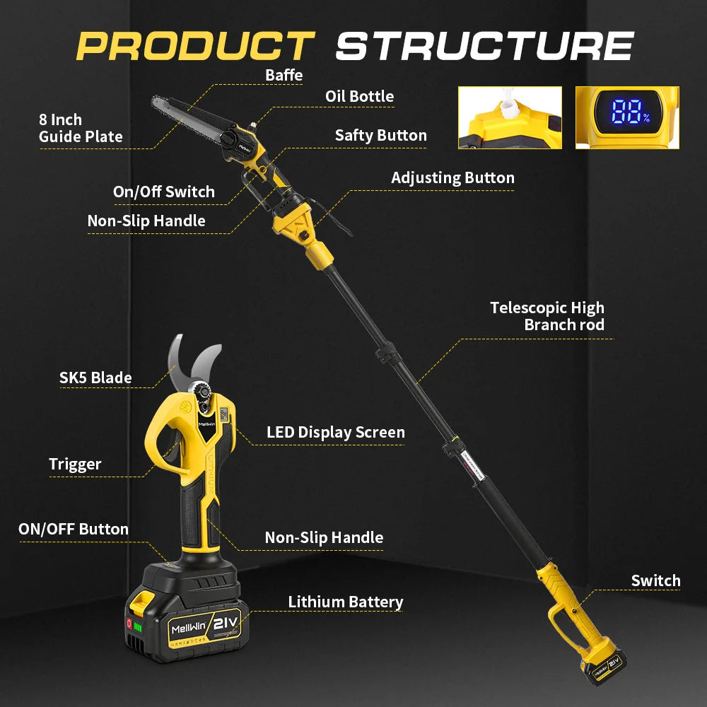 MELLWIN Brushless 4IN1 Telescoping Pole 8 Inch Chainsaw & 32MM Pruning Shears Set Garden Pruning Tool For Makita 18V Battery Pin - Limetastore
