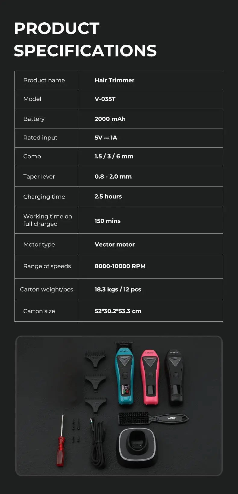 VGR Hair Trimmer Professional Hair Cutting Machine Cordless Barber Clipper Vector Motor Haircut Electric Trimmer for Men V-035C