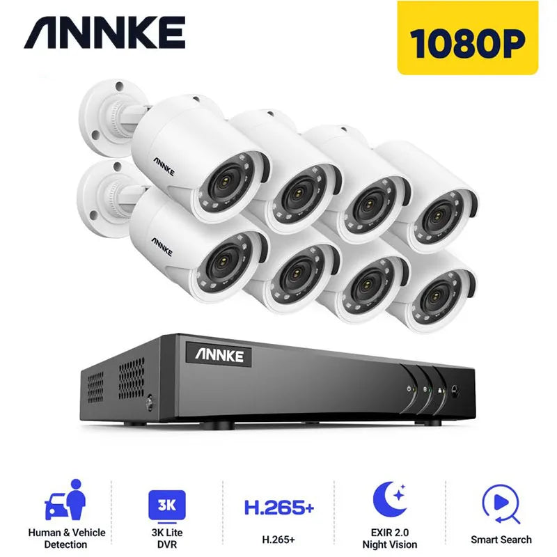 ANNKE 1080P H.265+ CCTV System | 8CH DVR, 2MP Bullet Cameras, IP66 Outdoor