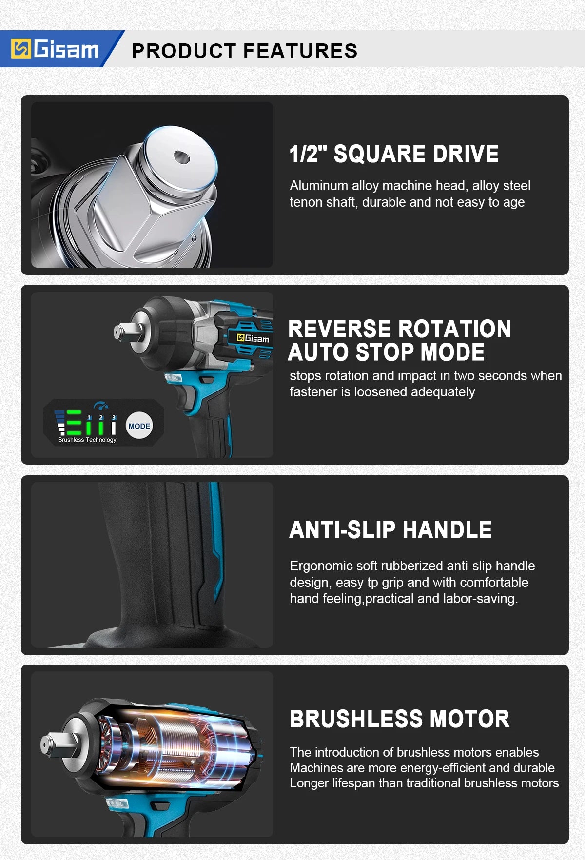 Gisam 2800N.m Brushless Impact Wrench 1/2" for Makita 18V