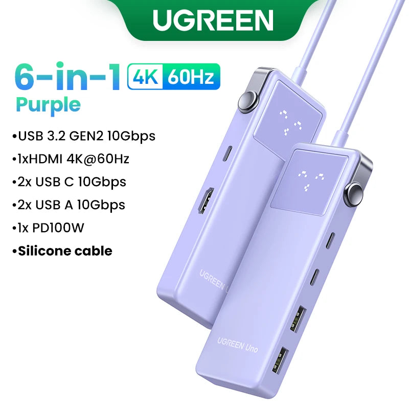 UGREEN Uno 6‑in‑1 USB‑C Hub with 4K60Hz HDMI, 10Gbps USB 3.2, PD100W