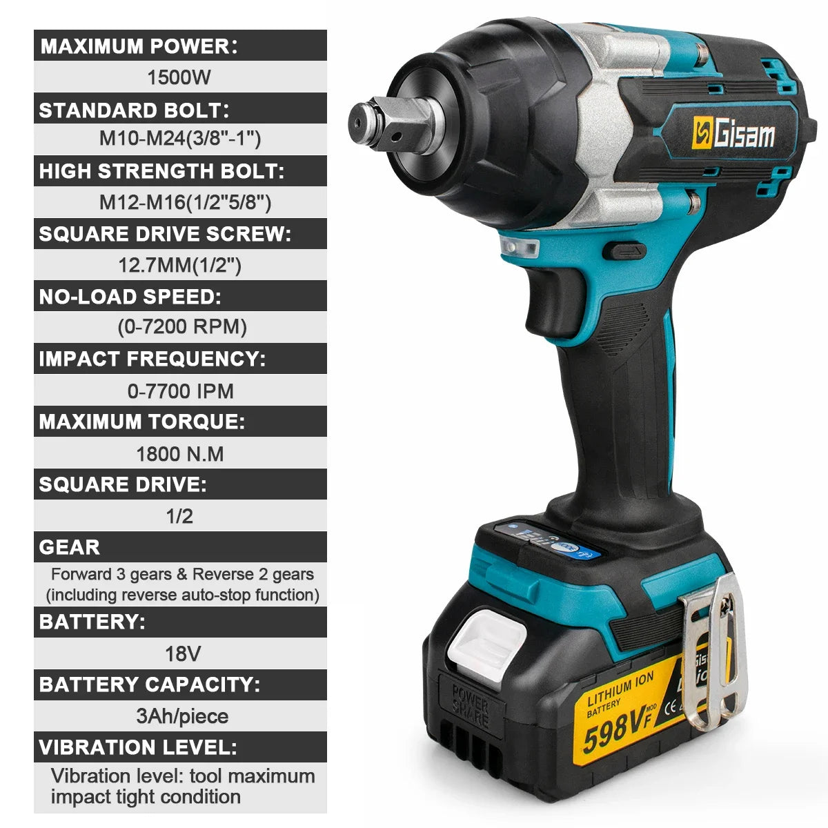 Gisam 1800N.m Brushless Impact Wrench 1/2" for Makita 18V