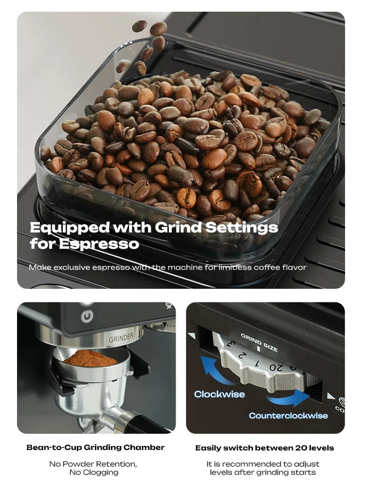 HiBREW H20 – polavtomatski espresso aparat | 20 barov tlaka | Vgrajen mlinček z 20 nastavitvami mletja