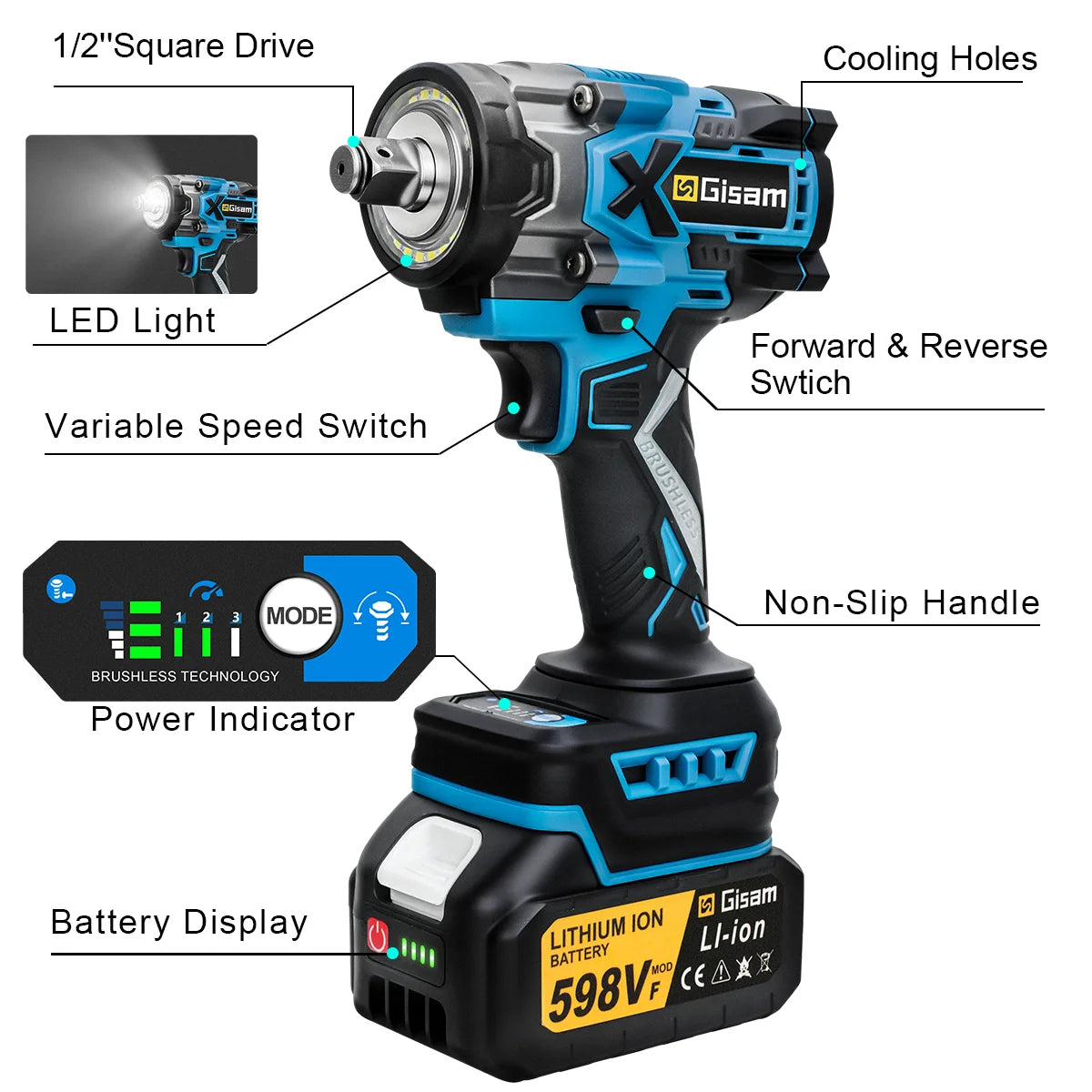 Gisam 900N.m Brushless Impact Wrench 1/2"