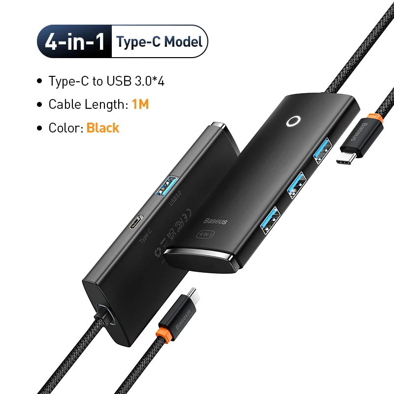 Baseus 4‑in‑1 USB‑C Hub | Type‑C to 4× USB 3.0 5Gbps Splitter Adapter for Laptop & PC