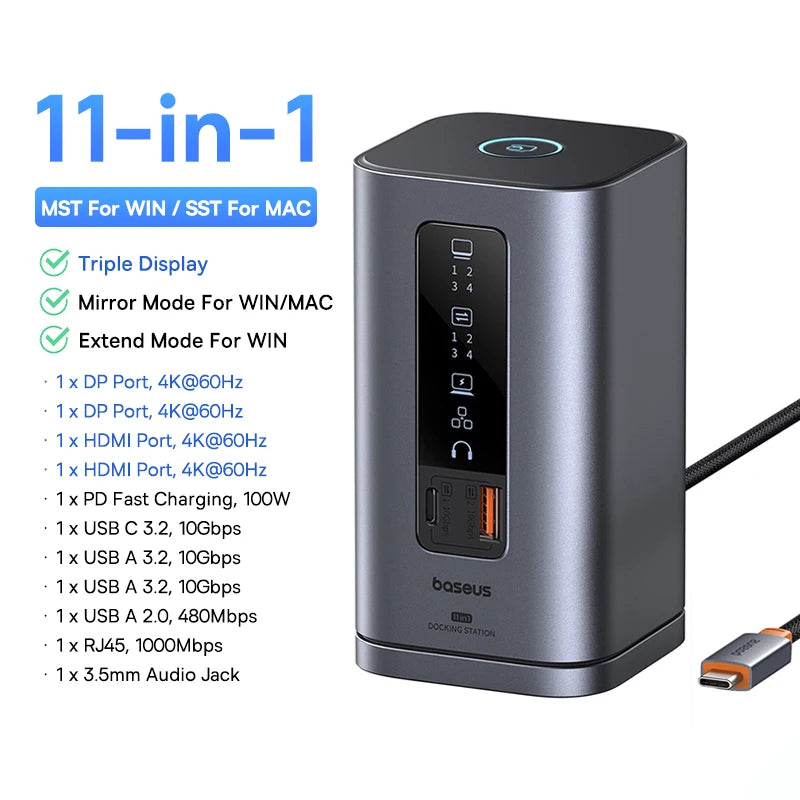 Baseus 12‑in‑1 USB‑C HUB | Dual HDMI 4K@60Hz, USB 3.2, RJ45, SD/TF, PD 100W Docking Station