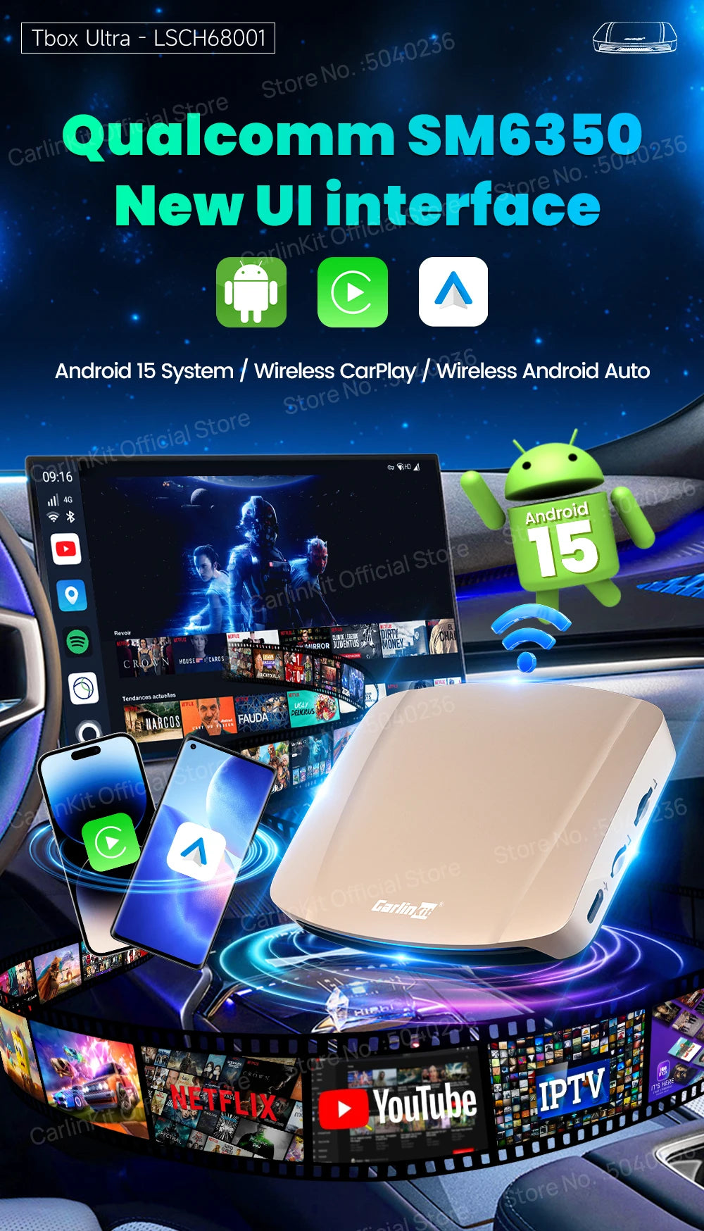 CarlinKit Tbox‑Ultra Android 15 8+128GB Wireless CarPlay AI Box