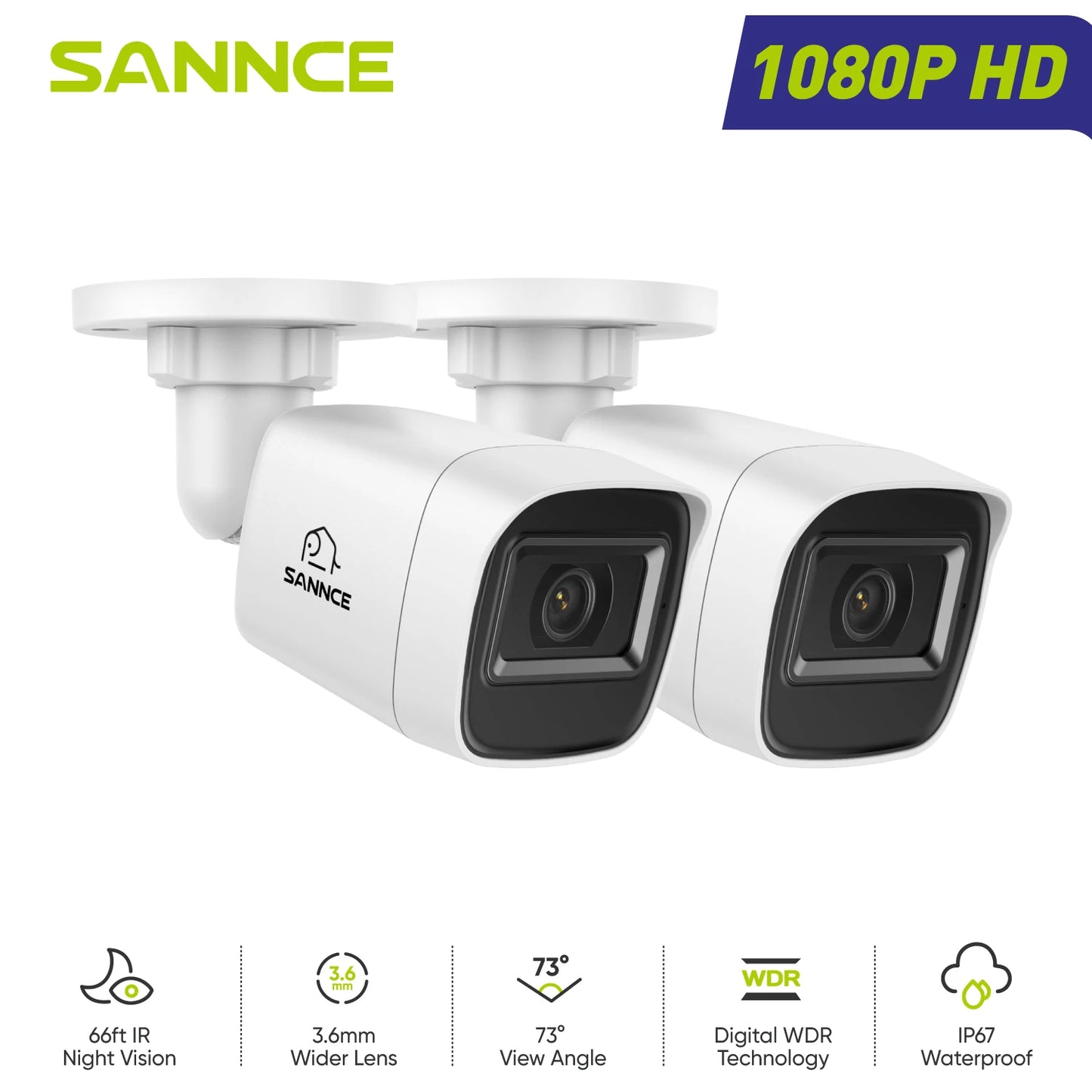SANNCE 1080P 2MP CCTV Camera | IR‑Cut Night Vision, Audio Recording, Waterproof Housing (White)