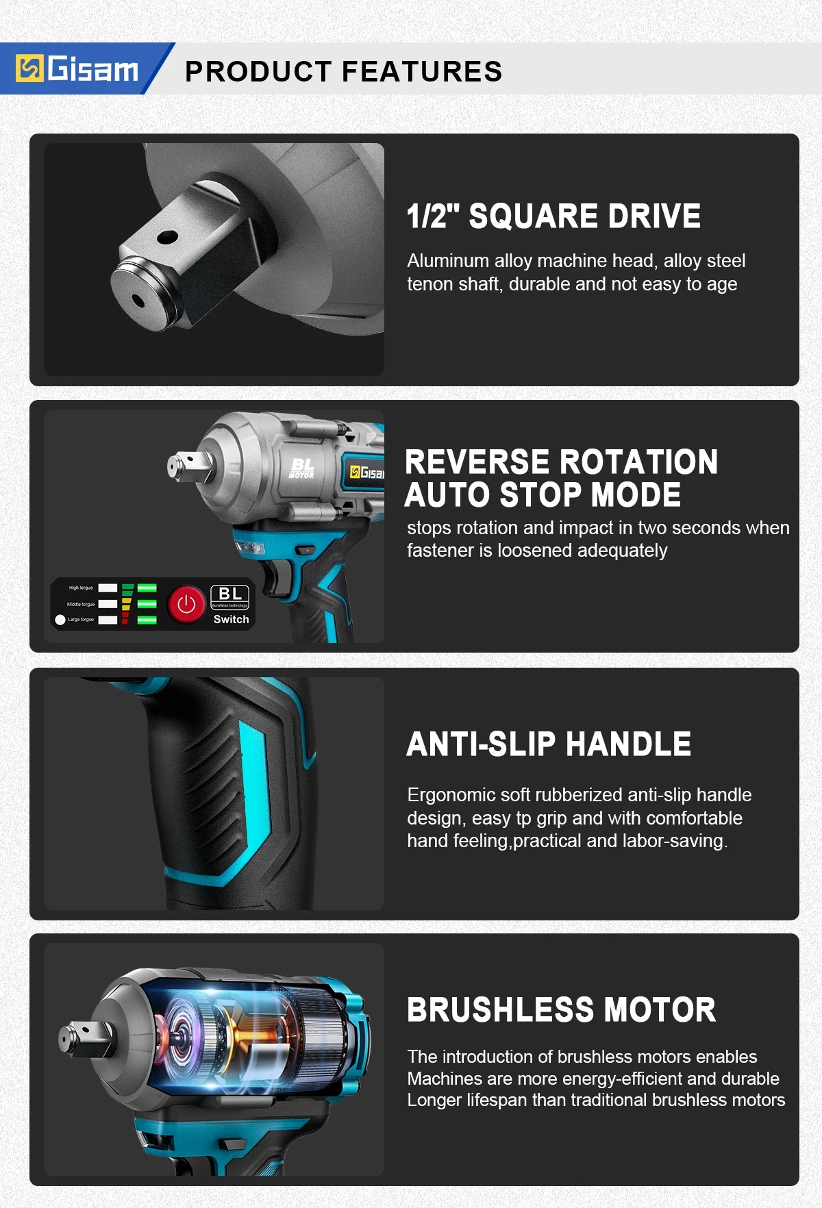Gisam 2000N.m Brushless Impact Wrench 1/2"