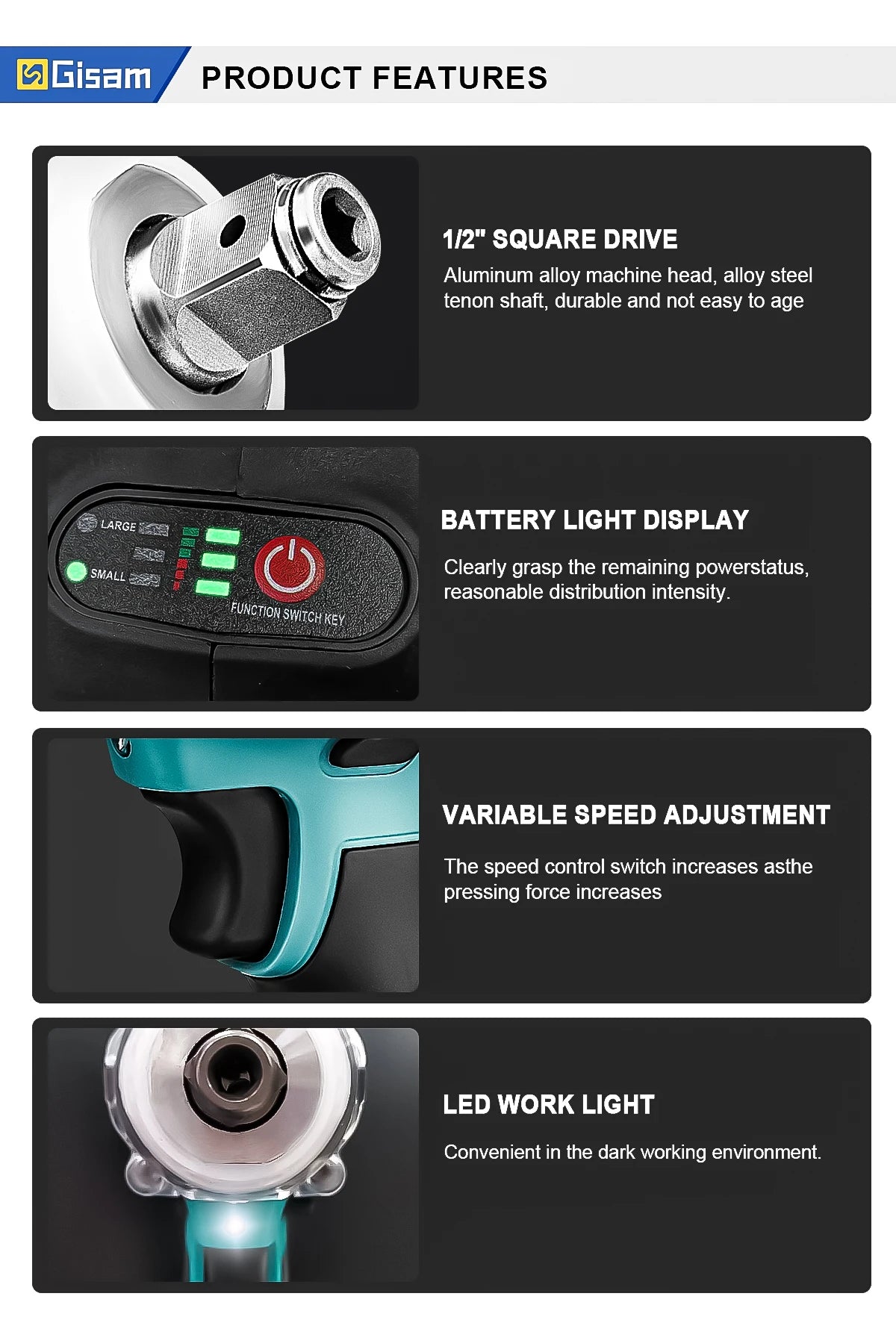 Gisam 520N.m Brushless Impact Wrench 1/2" for Makita 18V
