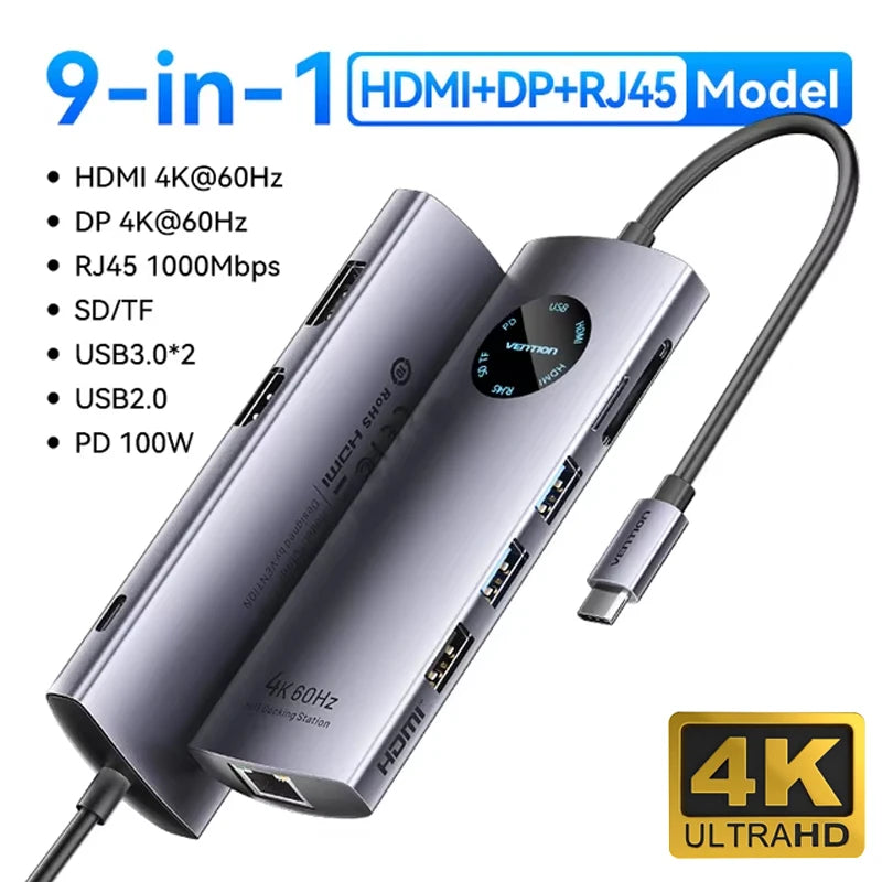 Vention USB‑C 10‑in‑1 Hub | HDMI + DP 4K60Hz, RJ45, PD 100W, USB 3.0 Docking Station