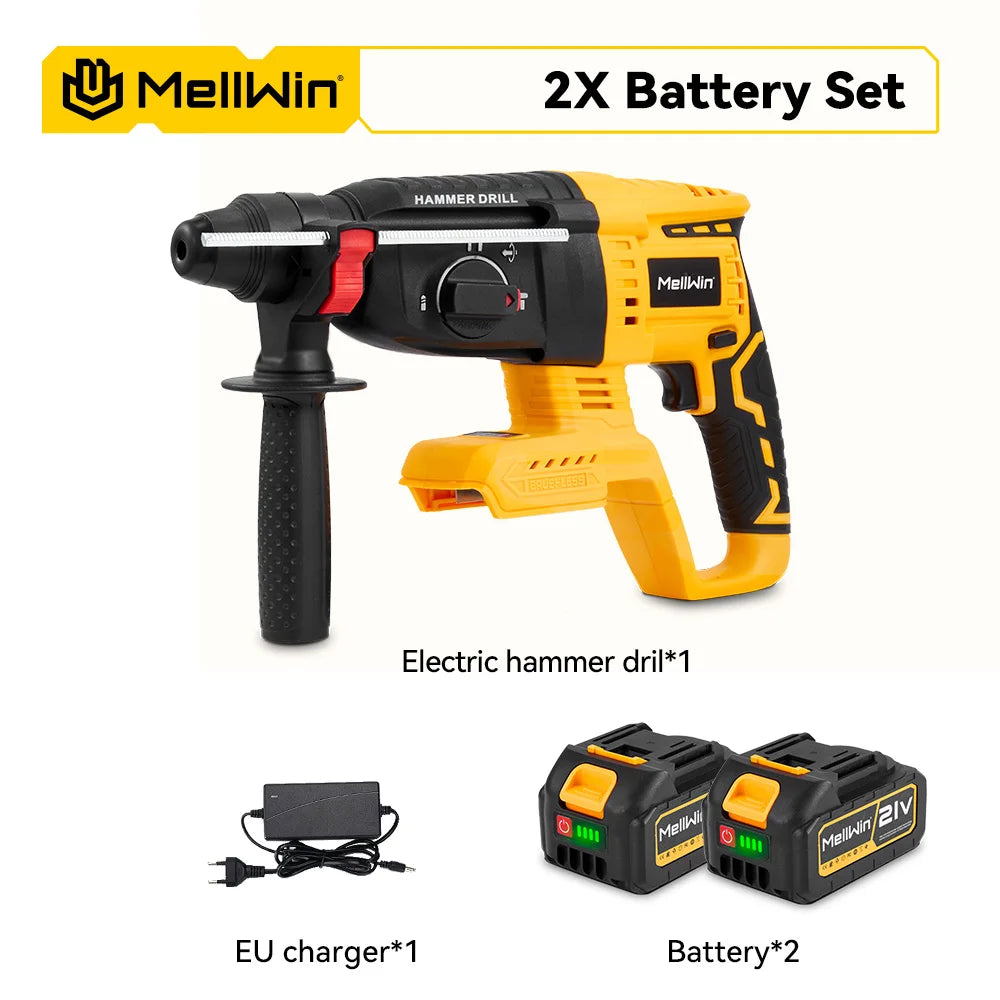 MELLWIN 26MM Brushless Electric Hammer Drill Cordless Household Rotary Impact Hammer Power Tool For Makita 18V Battery Pin - Limetastore