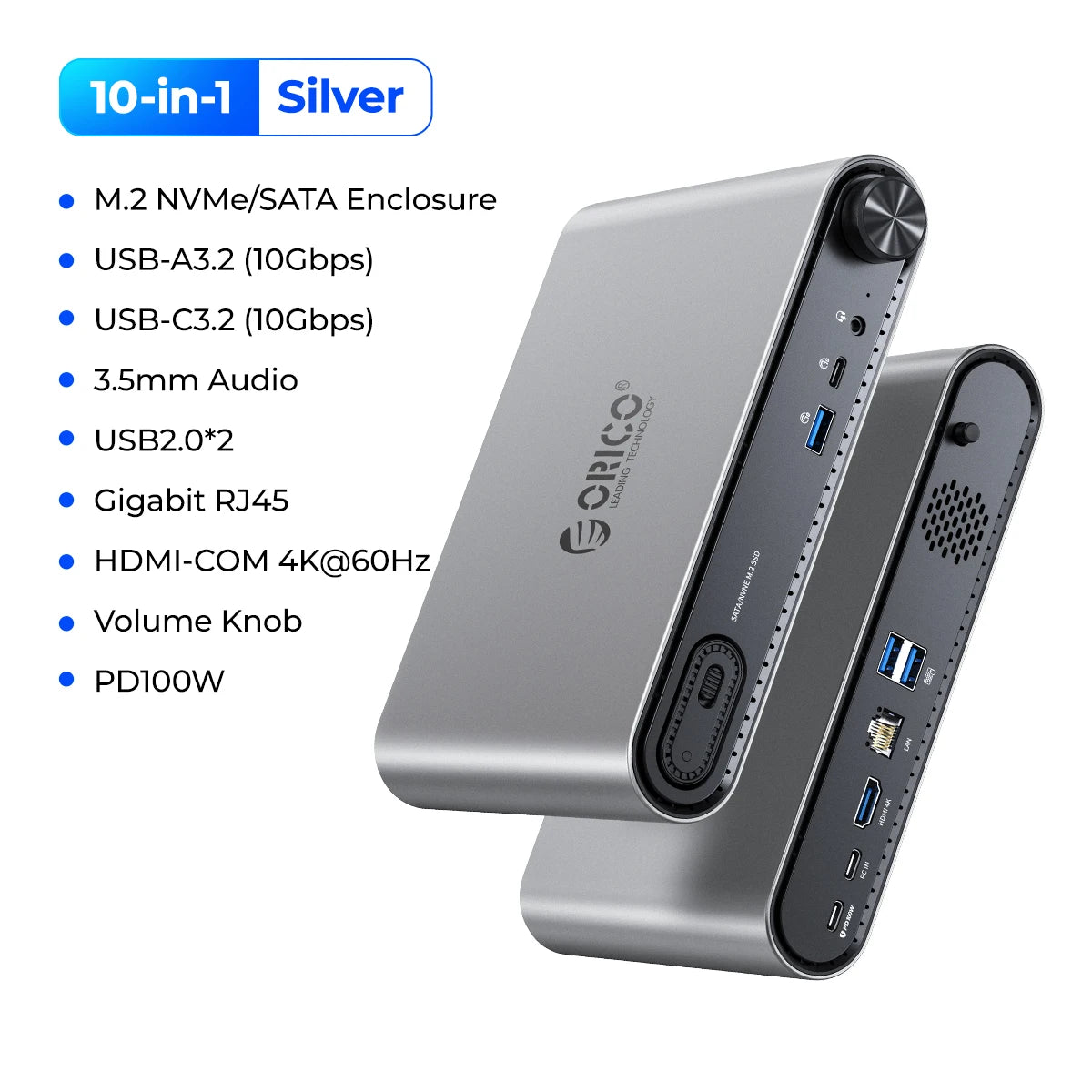 ORICO 10‑in‑1 USB‑C Docking Station with M.2 NVMe/SATA SSD Enclosure, 4K60Hz HDMI, PD100W