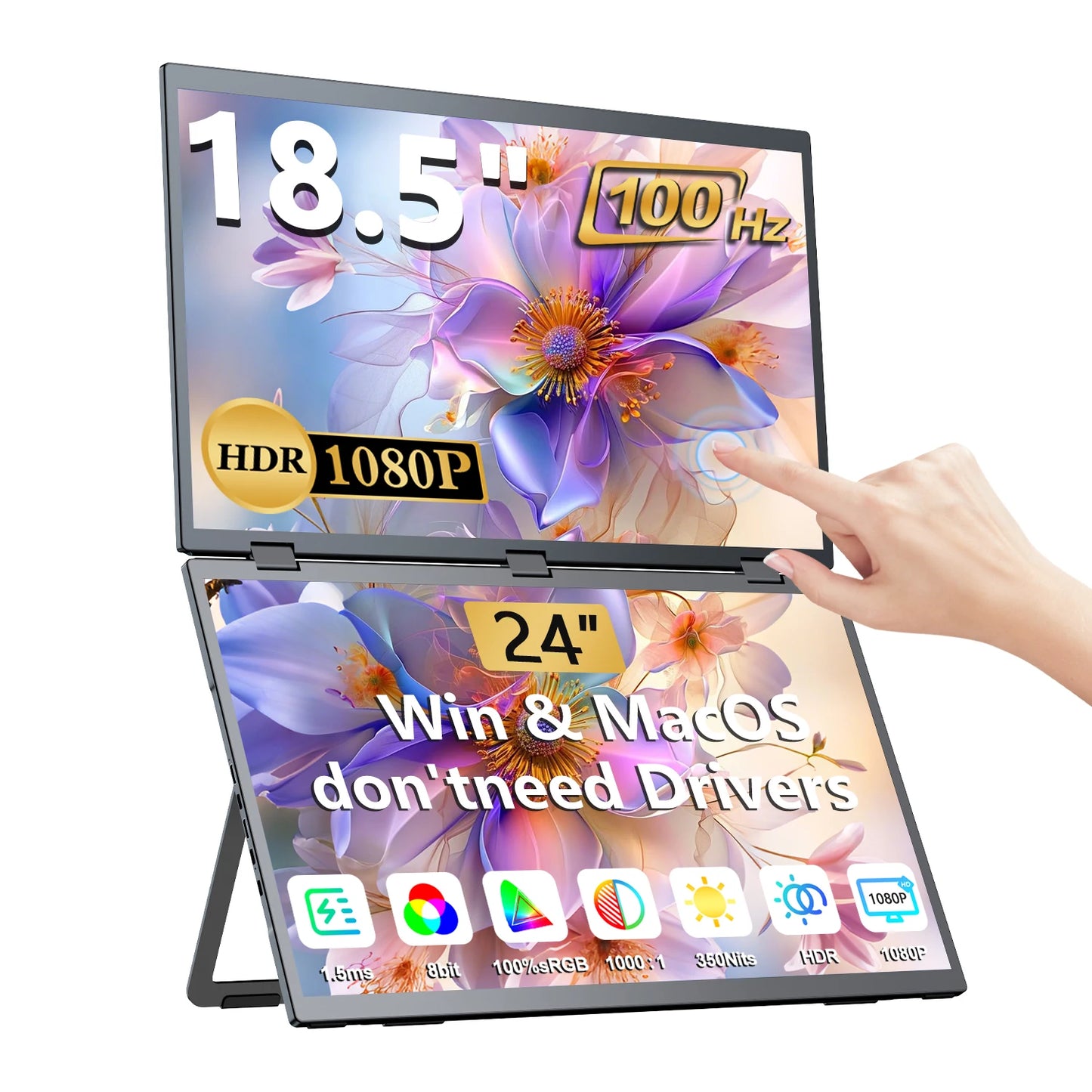 EVICIV 18.5'' 100Hz Touchscreen Dual Portable Monitor 1080P Travel Foldable Screen Extender Double Mobile Computer Display - Limetastore