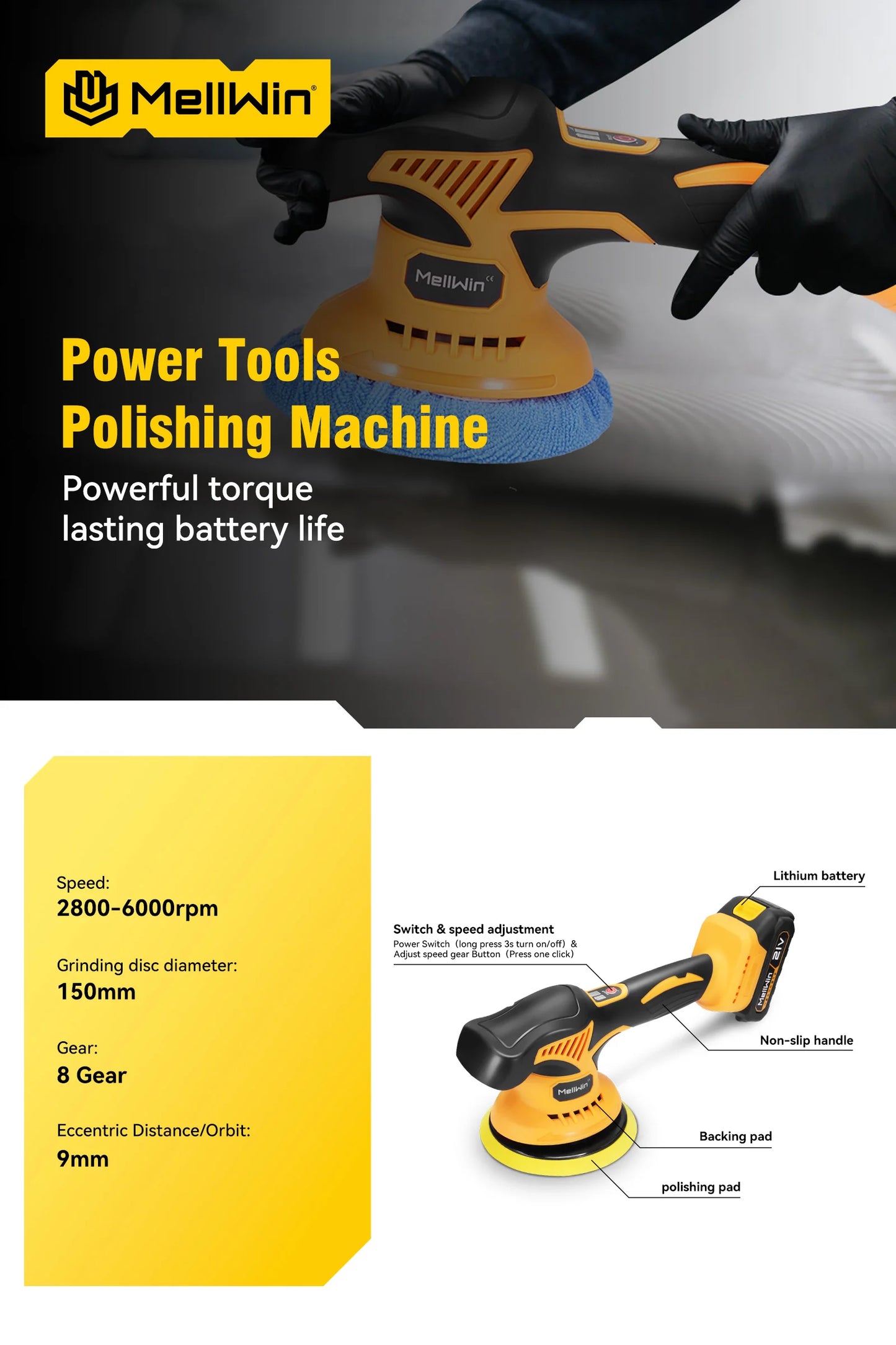 MELLWIN 150mm Cordless Electric Car Polisher 8 Adjustment Car Polishing Waxing Sanding Power Tool For Makita 18V Battery Pin - Limetastore