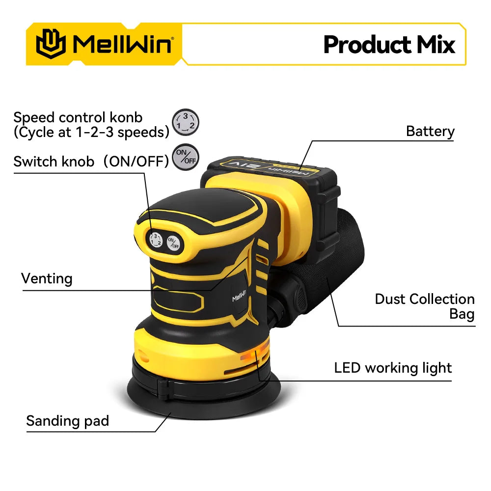 MELLWIN 125MM Electric Orbital Sander Polisher 3 Speeds Adjustable Wood Metal Sanding Polishing Tool For Makita 18V Battery Pin - Limetastore