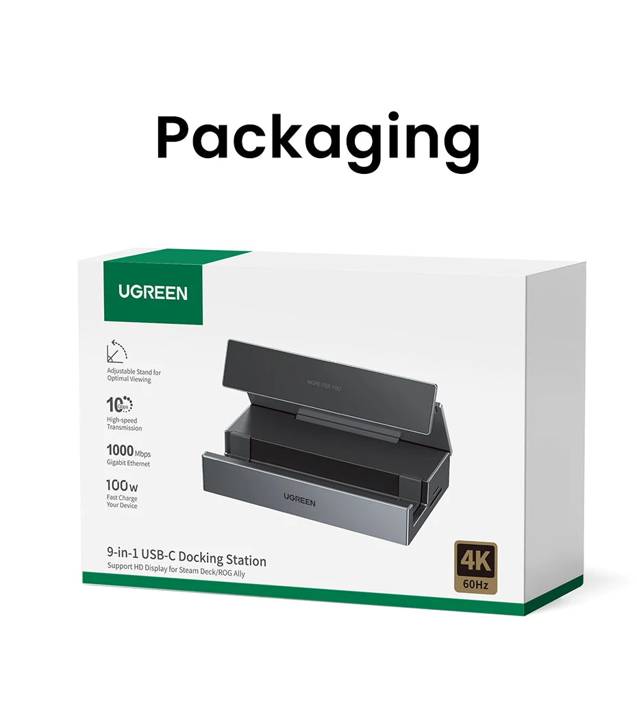 UGREEN 9‑Port Steam Deck Dock with 4K60Hz HDMI, RJ45 Ethernet, PD100W, USB‑A/C