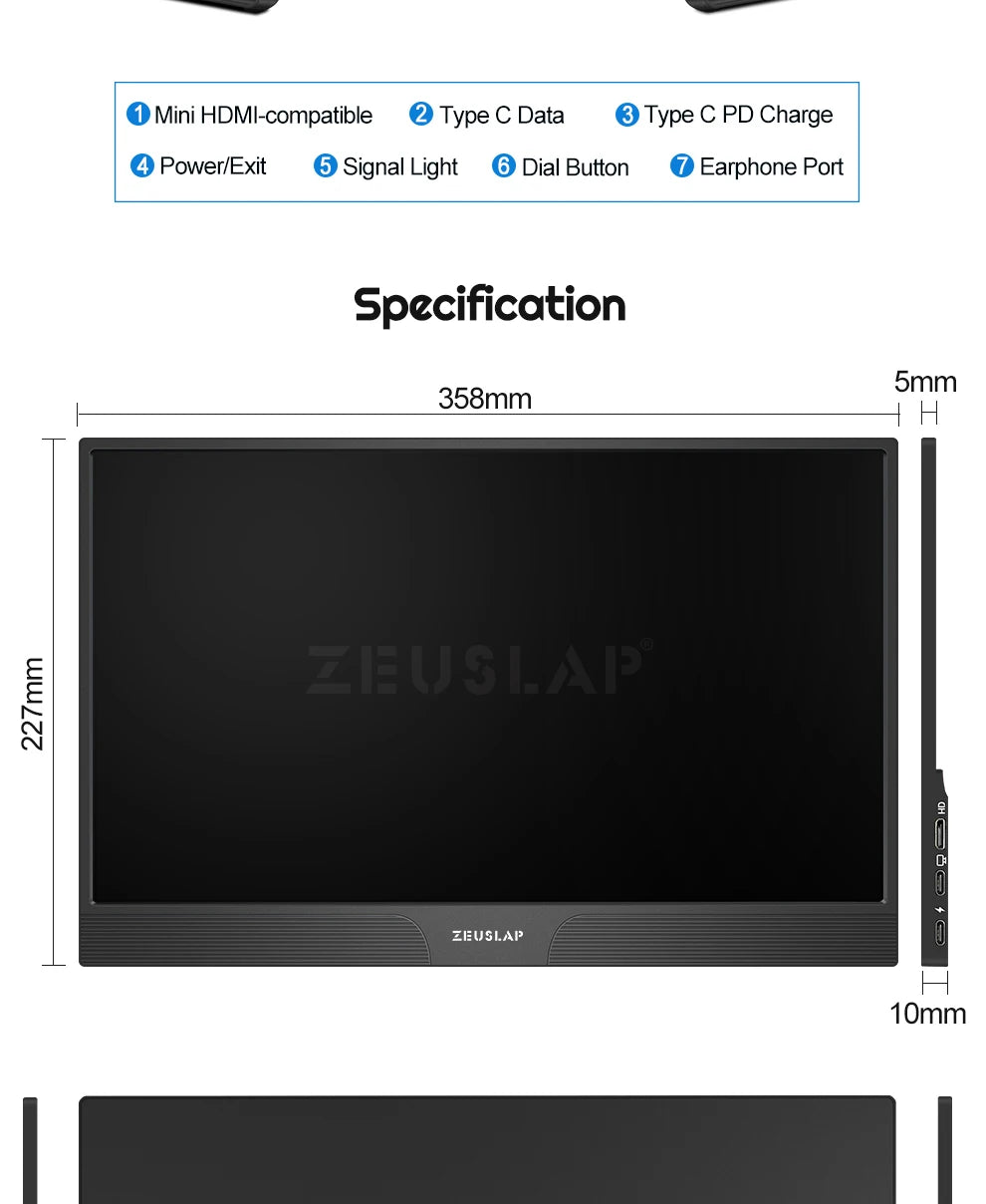ZEUSLAP 15.6" Portable Touch Monitor | 1080P FHD IPS, USB‑C & HDMI, PS4/Switch/Xbox Compatible