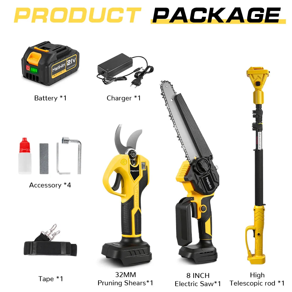 MELLWIN Brushless 4IN1 Telescoping Pole 8 Inch Chainsaw & 32MM Pruning Shears Set Garden Pruning Tool For Makita 18V Battery Pin - Limetastore