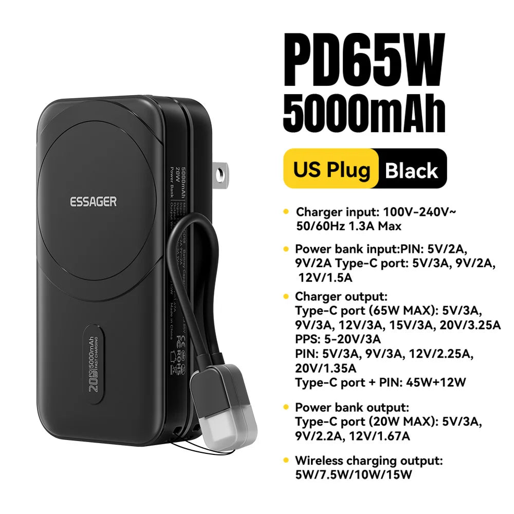 ESSAGER 3-in-1 Magnetic 65W GaN Charger Power Bank 5000mAh