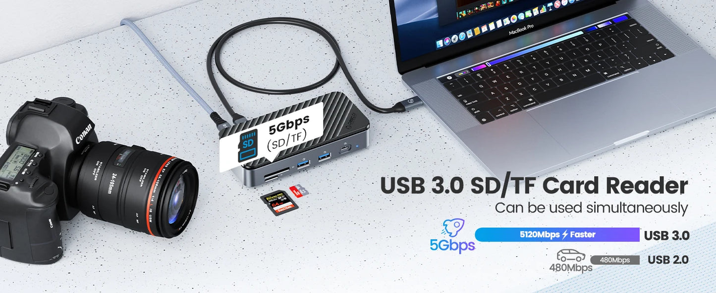 ORICO USB‑C Hub with Cooling Fan, M.2 NVMe/SATA SSD Enclosure