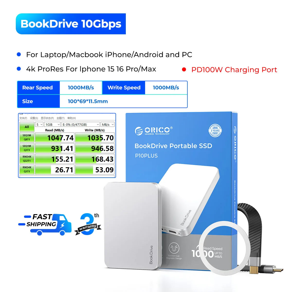 ORICO Magnetic External SSD for MacBook Pro with PD100W Charging, 4K ProRes HDR
