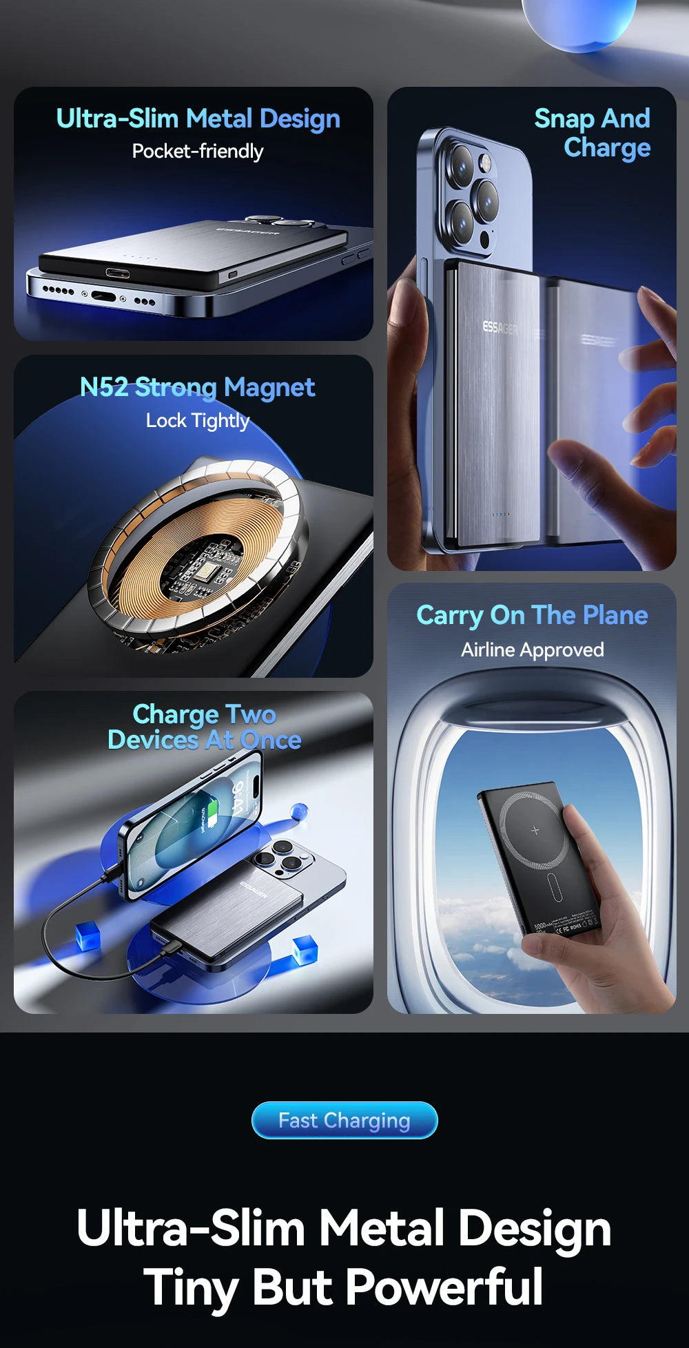ESSAGER 20W Magnetic Wireless Charging Bank 5000mAh Thin MagSafe