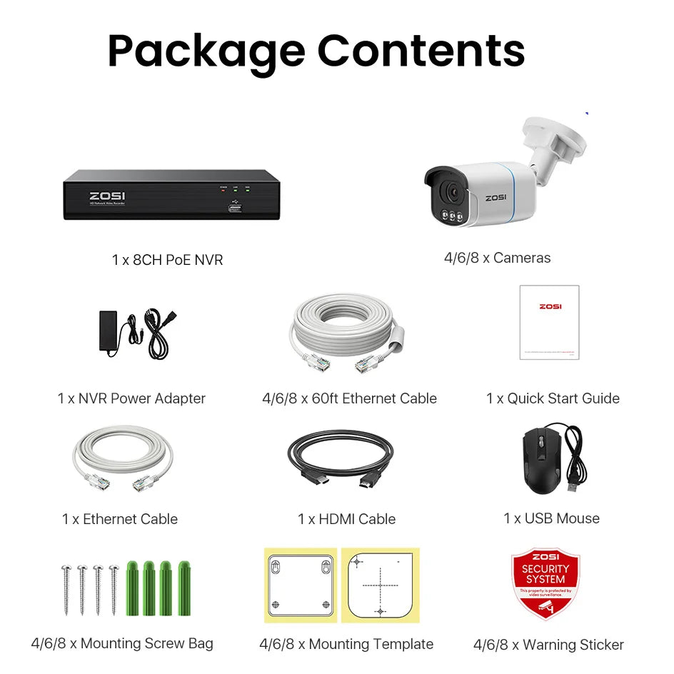 ZOSI 4K 8MP PoE Security Camera System – Aurora Lux Full‑Color Night Vision | 5MP/8MP Outdoor/Indoor