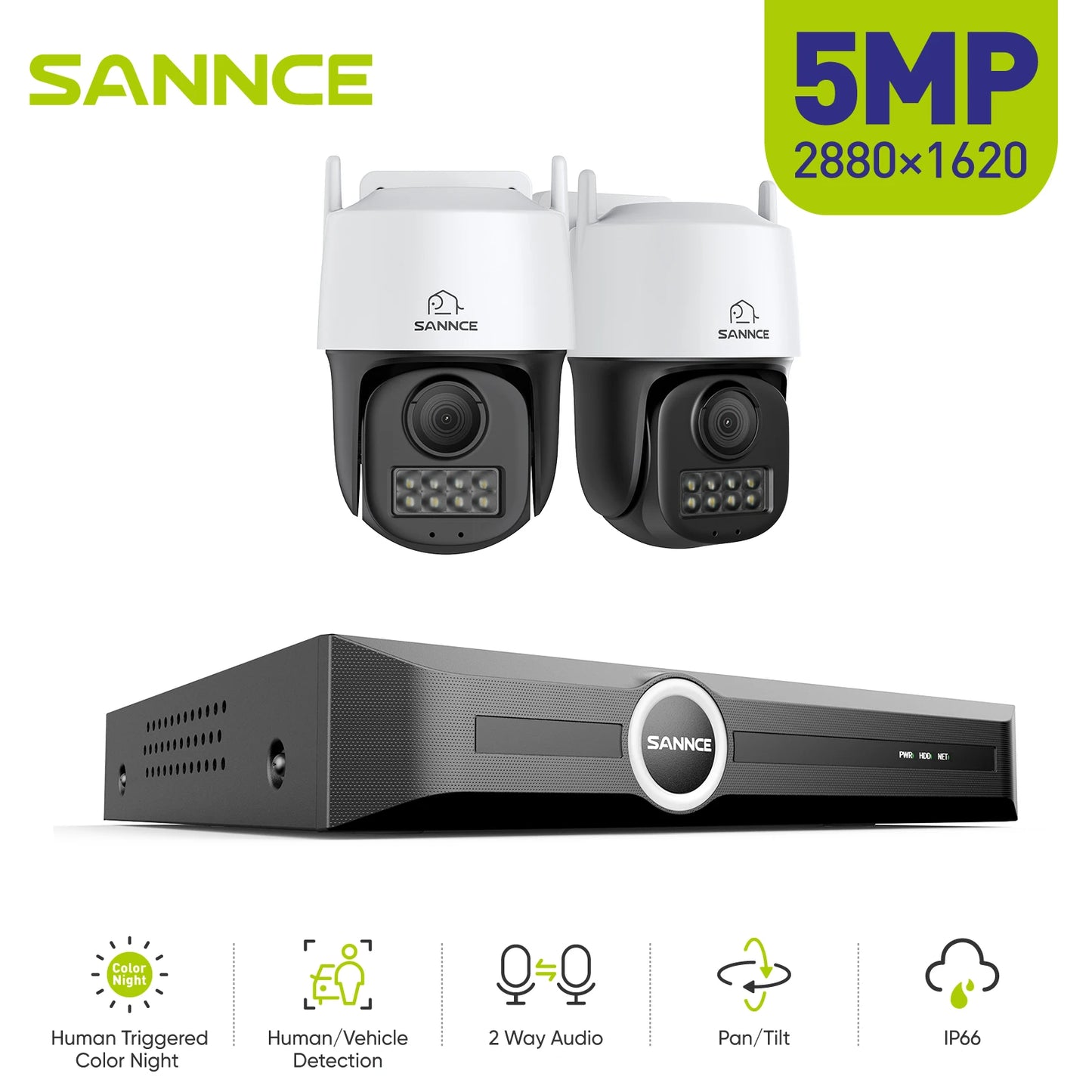 SANNCE 5MP PoE CCTV System | 4CH H.265 NVR, 5MP PT Cameras, Color Night Vision, Two‑Way Audio