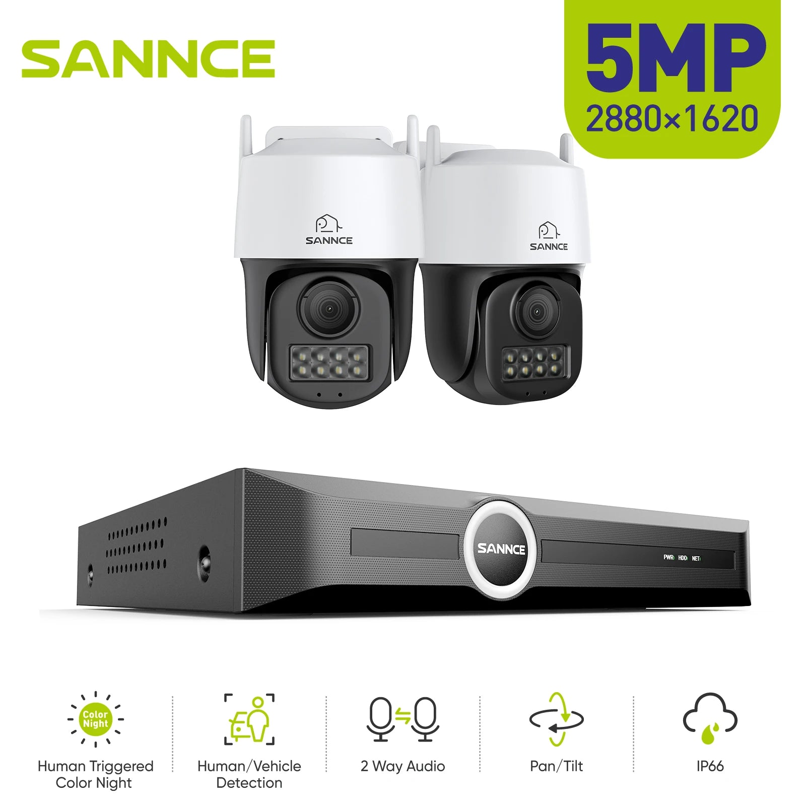 SANNCE 5MP PoE CCTV System | 4CH H.265 NVR, 5MP PT Cameras, Color Night Vision, Two‑Way Audio