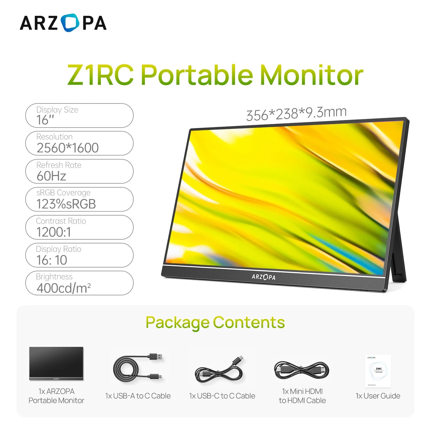 ARZOPA Z1RC 16" Portable Monitor | 2.5K 2560×1600, IPS, 100–123% sRGB, USB‑C & HDMI