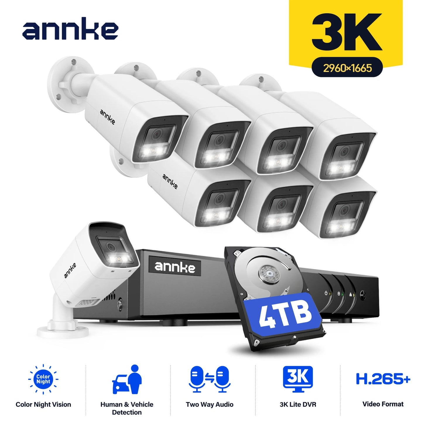 ANNKE 3K 5‑in‑1 8CH DVR System | 5MP Cameras, Two‑Way Audio, Color Night Vision