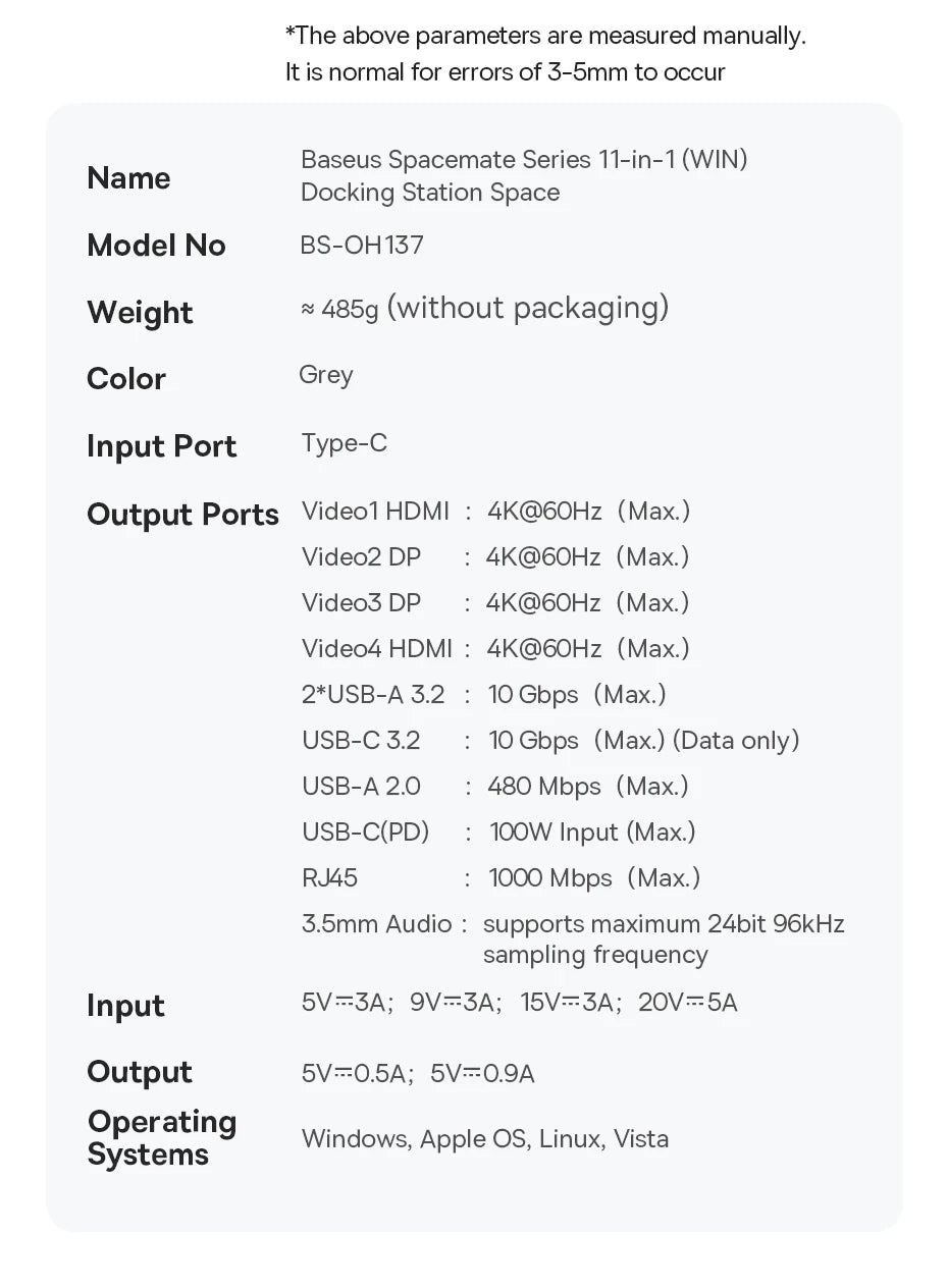 Baseus 11‑in‑1 USB‑C Hub | DP 4K@60Hz, HDMI, Triple Display, RJ45, PD 100W, USB 3.1 Docking Station