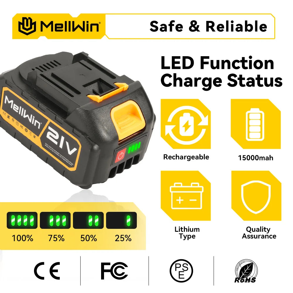 MELLWIN 21V Rechargeable Lithium Battery 15000mAh Lithium Ion Battery Pack For Makita 18V Battery Pin Electric Drill Power Tool - Limetastore