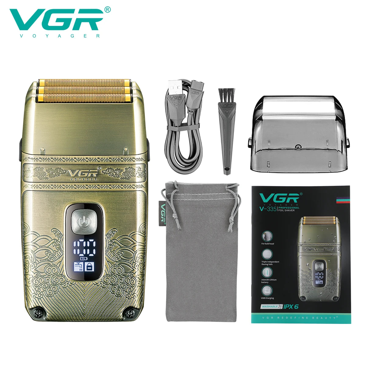 VGR Electric Shaver Professional Shaver Metal Beard Trimmer Titanium Blade Triple Foil Shaver for Bald Head LED Display V-335
