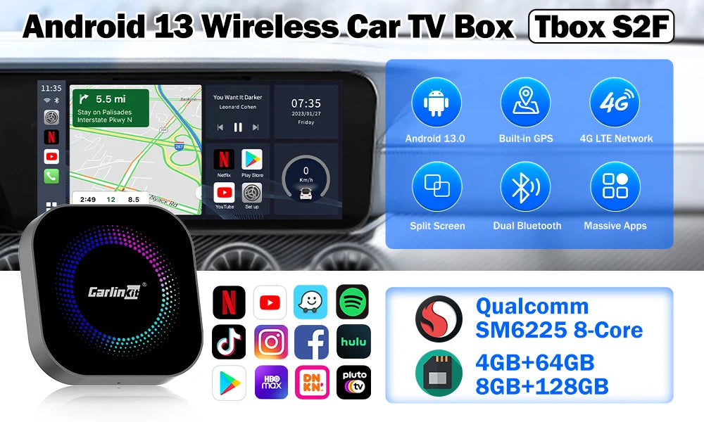 CarlinKit Android 15 SM6350 8+128GB Wireless CarPlay AI Box