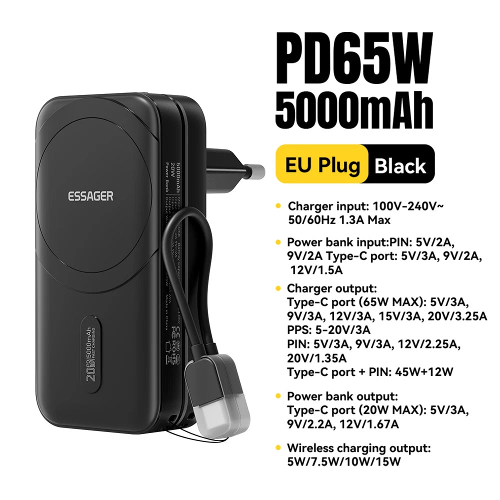 ESSAGER 3-in-1 Magnetic 65W GaN Charger Power Bank 5000mAh