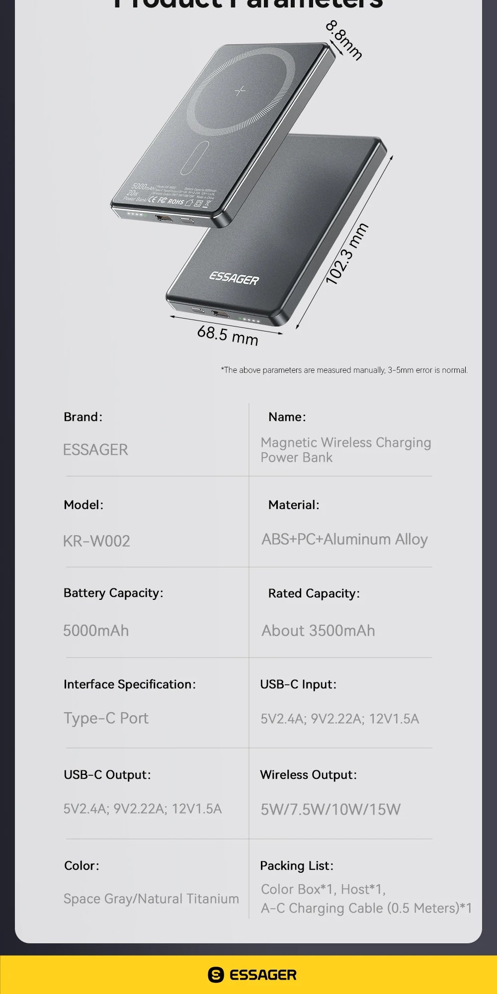 ESSAGER Thin Magnetic Wireless Power Bank 20W 5000mAh MagSafe