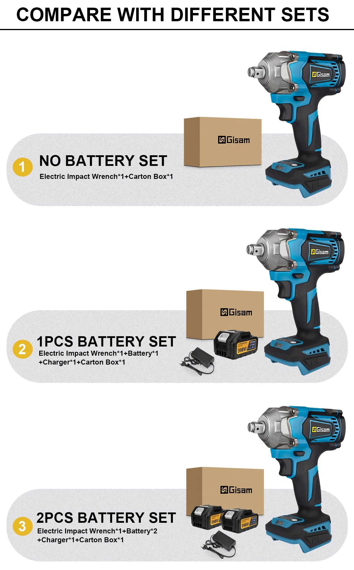 Gisam 1200N.m Torque Brushless Electric Impact Wrench 1/2 inch Cordless Wrench Screwdriver