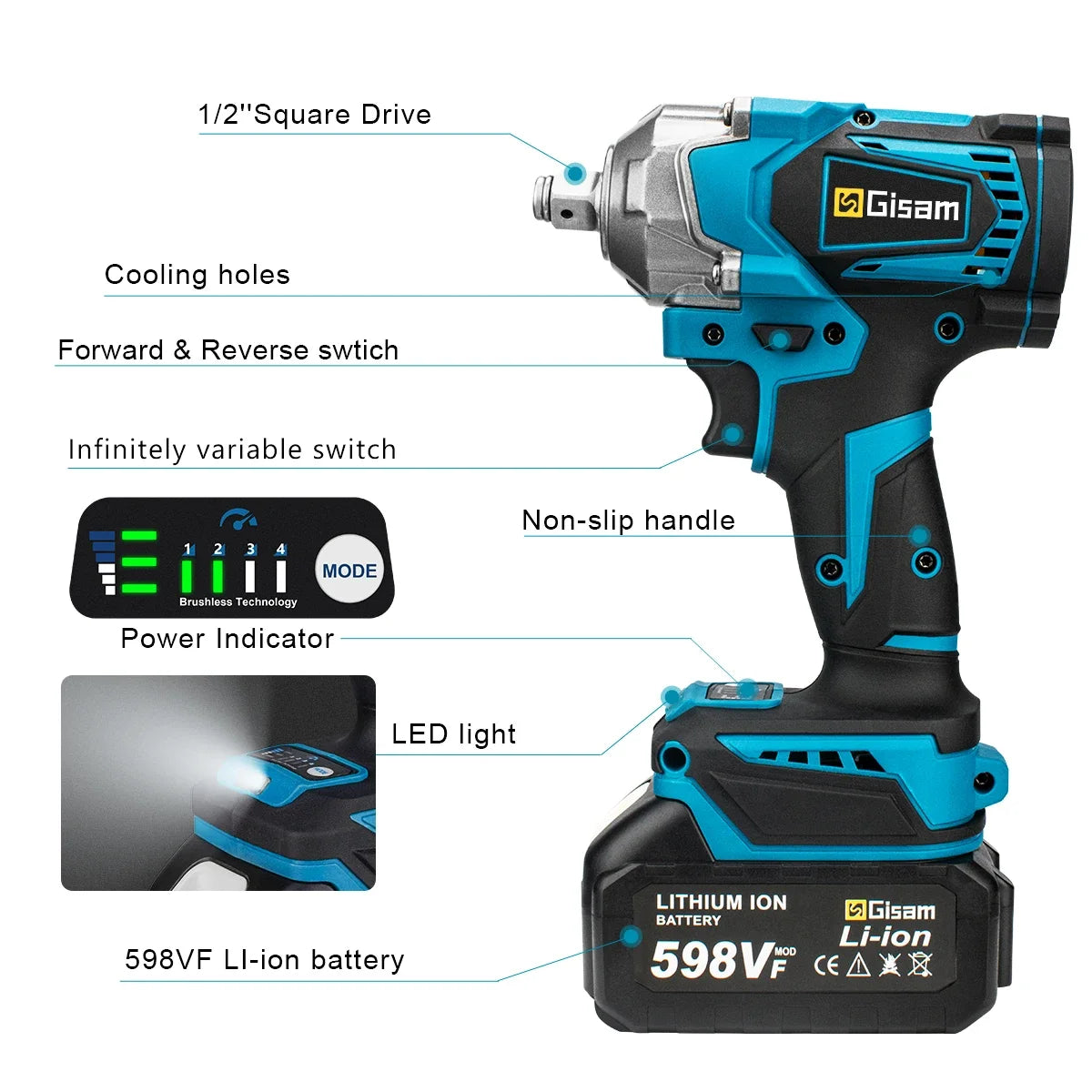 Gisam 1200N.m Brushless Impact Wrench 1/2" for Makita 18V