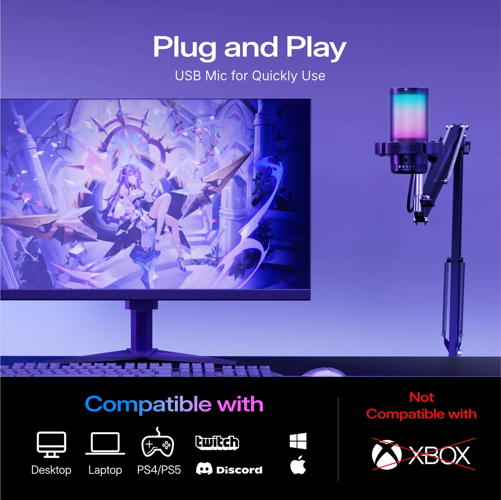 Maono DGM20S – USB Gaming Condenser Microphone | Noise Cancellation, RGB Lights, Mute & Zero‑Latency Monitoring for Streaming & Podcasting