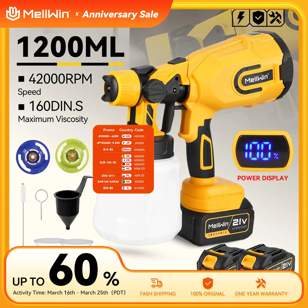 MELLWIN 1200ML Cordless Electric Paint Spray Gun Household Paint Sprayer Car Furniture Sprayer For Makita 18V Battery Pin - Limetastore